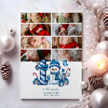 8 Photo Blue Snowman First Christmas Holiday Card<br><div class="desc">Celebrate your little one’s first holiday season with this cheerful winter design featuring a blue plaid number,  adorable snowman,  and scattered candy canes and gifts. Customise it with your baby's photo and birth details to create a keepsake that brings charm and magic to your holiday memories.</div>