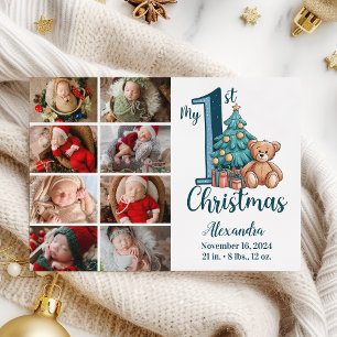 8 Photo Blue Teddy Baby 1st Christmas Holiday Card