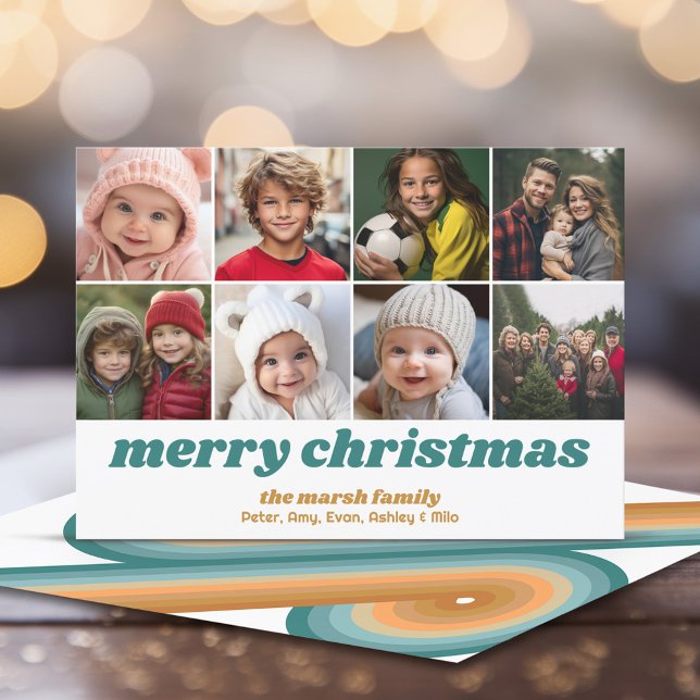 8 Photo Border - Merry Christmas Retro Line Art Holiday Card (Retro Line Art - Online Christmas Card with a vintage 70s vide - 8 photos)
