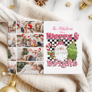 8 Photo Chequered Merry & Bright Christmas Holiday Card