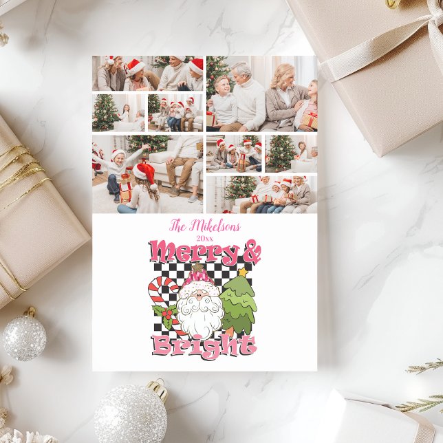 8 Photo Chequered Merry & Bright Christmas Holiday Card (Creator Uploaded)