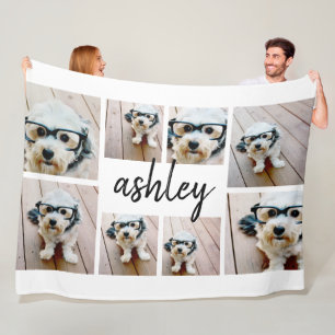 8 Photo Collage Add Your Name Calligraphy Fleece Blanket