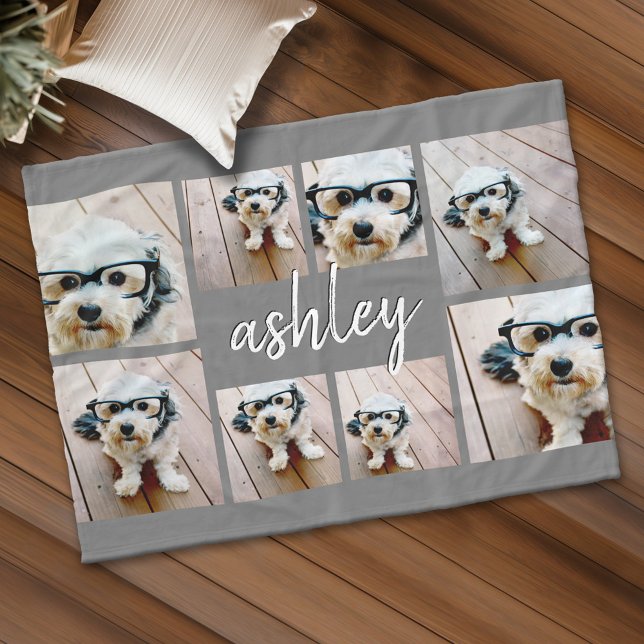 8 Photo Collage Add Your Name Calligraphy Grey Fleece Blanket (Custom Fleece Blanket - Add Photos and Text)