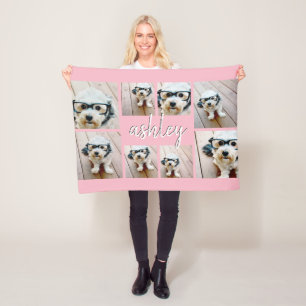8 Photo Collage Add Your Name Calligraphy Pink Fleece Blanket