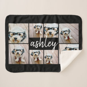 8 Photo Collage and Handwritten Name black Sherpa Blanket