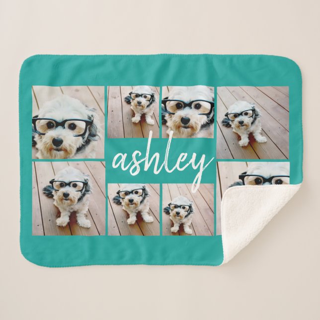 8 Photo Collage and Handwritten Name blue Sherpa Blanket (Front (Horizontal))