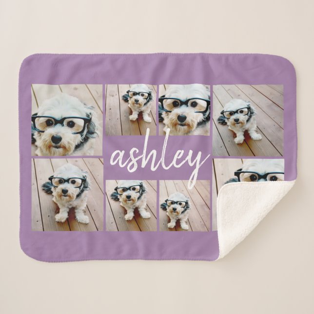 8 Photo Collage and Handwritten Name purple Sherpa Blanket (Front (Horizontal))