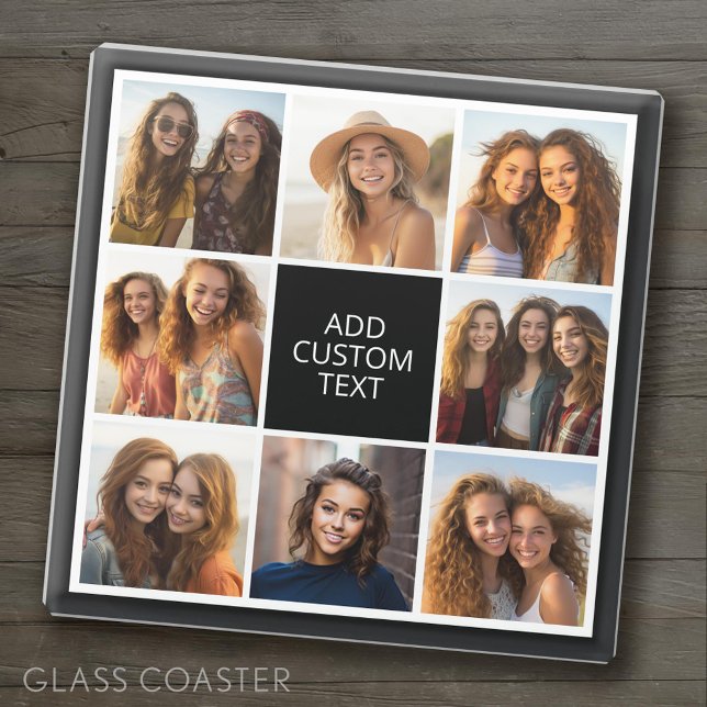 8 Photo Collage - black white - Custom Text Glass Coaster (Custom Coasters)