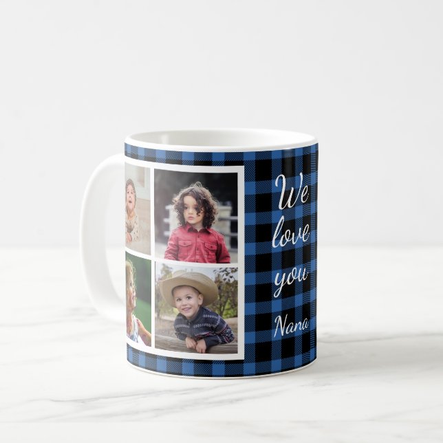 8 Photo Collage Blue Buffalo Plaid Grandma Coffee Mug (Front Left)