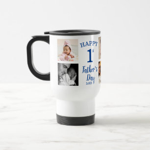 8 Photo Collage Blue Happy First Father's Day Travel Mug