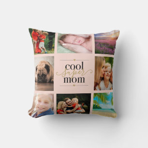 8 Photo Collage Blush Pink and Gold Cool Super Mum Cushion