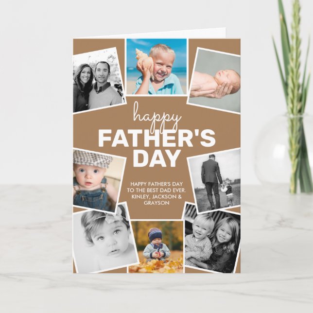8 Photo Collage Brown Happy Father's Day Card (Front)