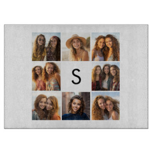 8 Photo Collage Custom Monogram Black and White Cutting Board