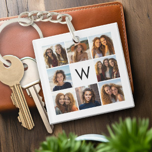 8 Photo Collage Custom Monogram Black and White Key Ring