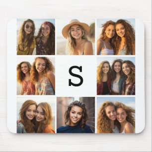 8 Photo Collage Custom Monogram Black and White Mouse Mat