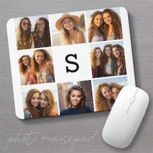 8 Photo Collage Custom Monogram Black and White Mouse Mat