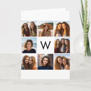 8 Photo Collage Custom Monogram Black and White Note Card