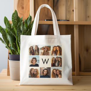 8 Photo Collage Custom Monogram Black and White Tote Bag