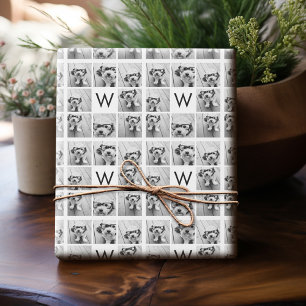 8 Photo Collage Custom Monogram Black and White Wrapping Paper