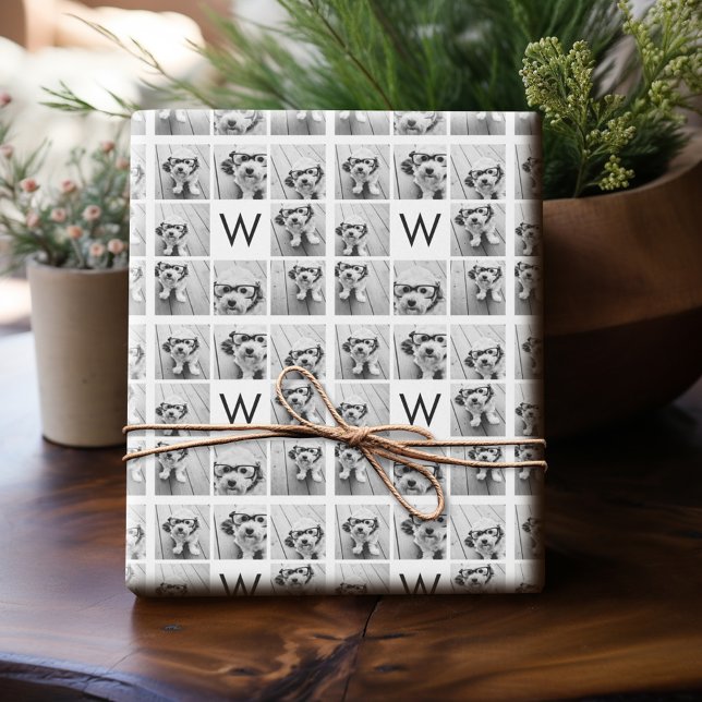 8 Photo Collage Custom Monogram Black and White Wrapping Paper (Personalized Photo Paper)