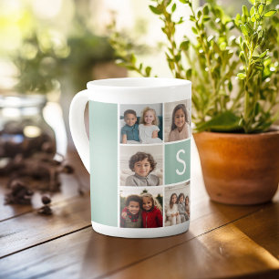 8 Photo Collage Custom Monogram Mint Green Bone China Mug