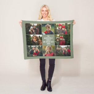 8 Photo Collage - Custom Text - Green Background Fleece Blanket