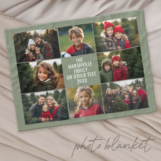 8 Photo Collage - Custom Text - Green Background Fleece Blanket (Custom Photo Blanket with Lots of Photos)