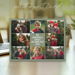 8 Photo Collage - Custom Text - Green Background Postcard
