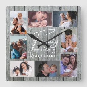 8 Photo Collage Family Love Quote Grey Wood Square Wall Clock