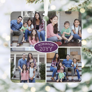 8 Photo Collage Family Name & Year Purple & White Metal Tree Decoration