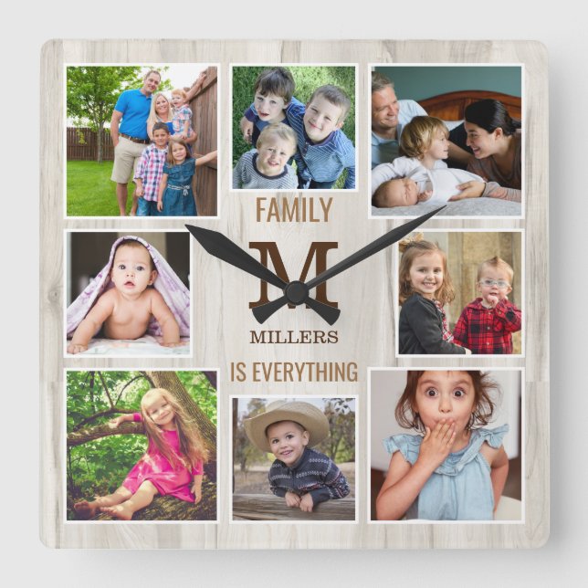 8 Photo Collage Family Quote Natural Wood Monogram Square Wall Clock (Front)