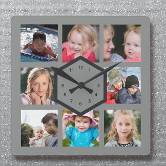 8 Photo Collage Grey Square Wall Clock