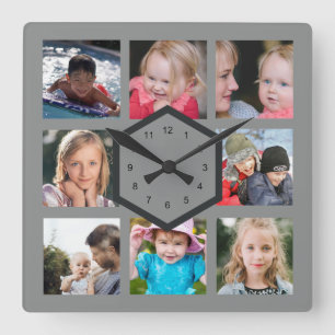 8 Photo Collage Grey Square Wall Clock