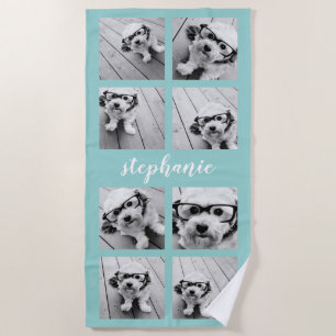 8 Photo Collage - Handwritten Name Pastel Blue Beach Towel