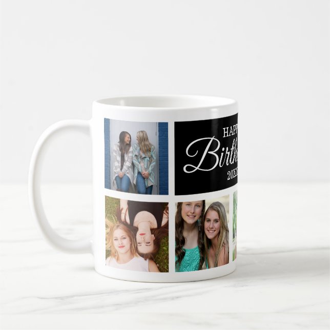 8 Photo Collage Happy Birthday Black Coffee Mug (Left)