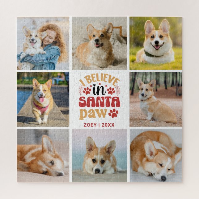 8 Photo Collage I Believe In Santa Paw Name & Date Jigsaw Puzzle (Vertical)