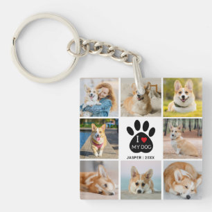 8 Photo Collage I Love My Dog Paw Print  Key Ring