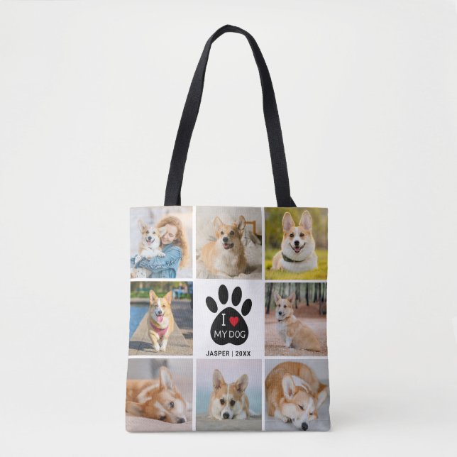 8 Photo Collage I Love My Dog Paw Print  Tote Bag (Front)