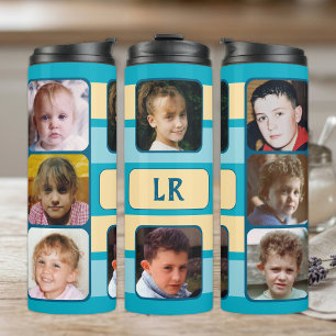 8 photo collage initials blue beige thermal tumbler