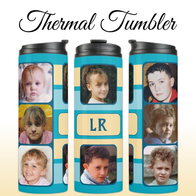 8 photo collage initials blue beige thermal tumbler (Creator Uploaded)