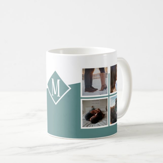 8 Photo Collage Instagram Monogrammed Green Coffee Mug (Front Right)