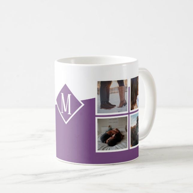 8 Photo Collage Instagram Monogrammed Purple Coffee Mug (Front Right)
