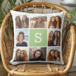 8 Photo Collage - Lime Green Monogram Cushion<br><div class="desc">A popular grid with photos surrounding a modern monogram. Use 8 square photos to create a unique and personal gift. 
For best results,  crop your photos into squares before uploading. If you need to adjust the pictures,  click on the customize tool to make changes.</div>
