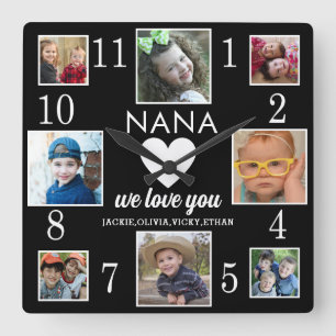 8 Photo  Collage Love You Nana Grandkids Black Square Wall Clock