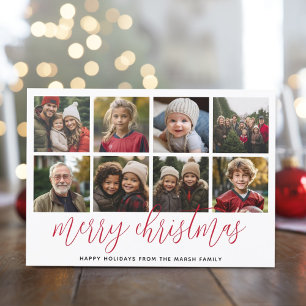 8 Photo Collage - Merry Christmas Red Pattern Holiday Card
