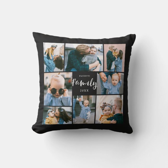 8 Photo Collage Modern Family Personalised | Black Cushion (Front)