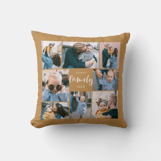8 Photo Collage Modern Family Personalised | Gold Cushion (Front)