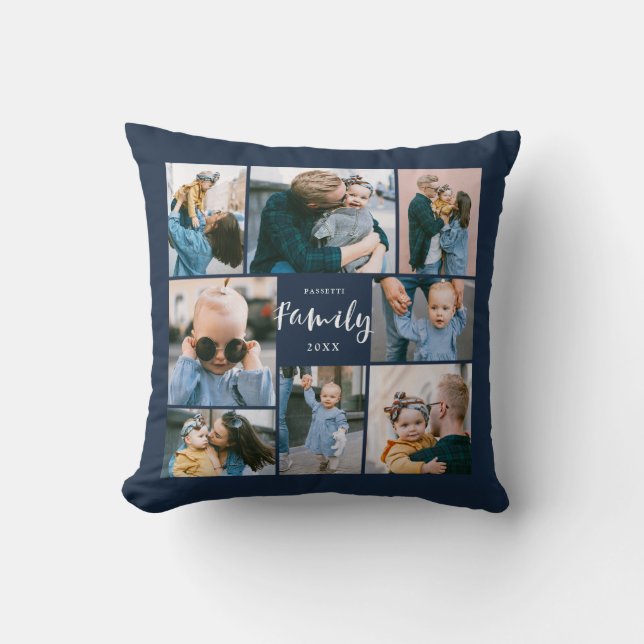 8 Photo Collage Modern Family Personalised | Navy Cushion (Front)
