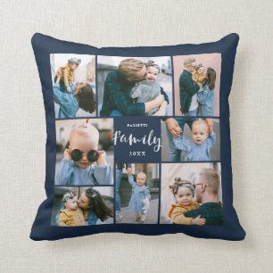 8 Photo Collage Modern Family Personalised Navy Cushion