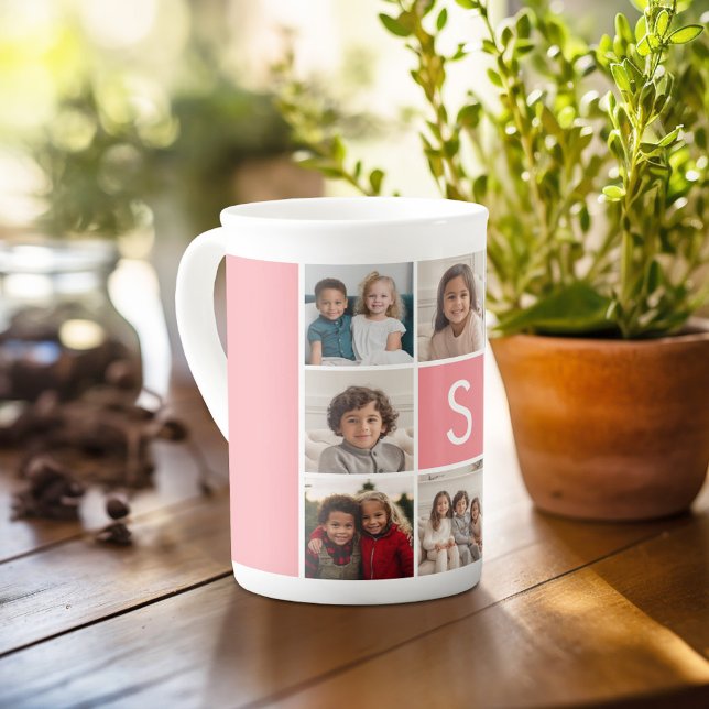 8 Photo Collage Monogram PHOTO 6 needs work Bone China Mug (Personalized mug with photos and text, customize completely in the advanced design area)